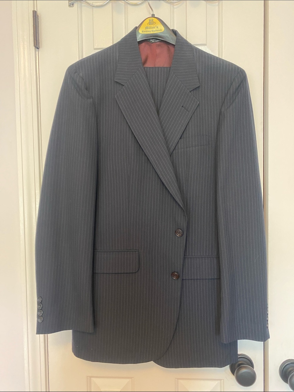 Men's Tailored Pinstripe Two-Button Blazer and Pants in Charcoal Gray